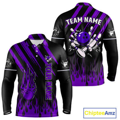 Black and Purple Flame Retro Bowling Polo, 1/4 Zip Shirt for Men Custom Vintage Team Bowling Jersey NQS11679