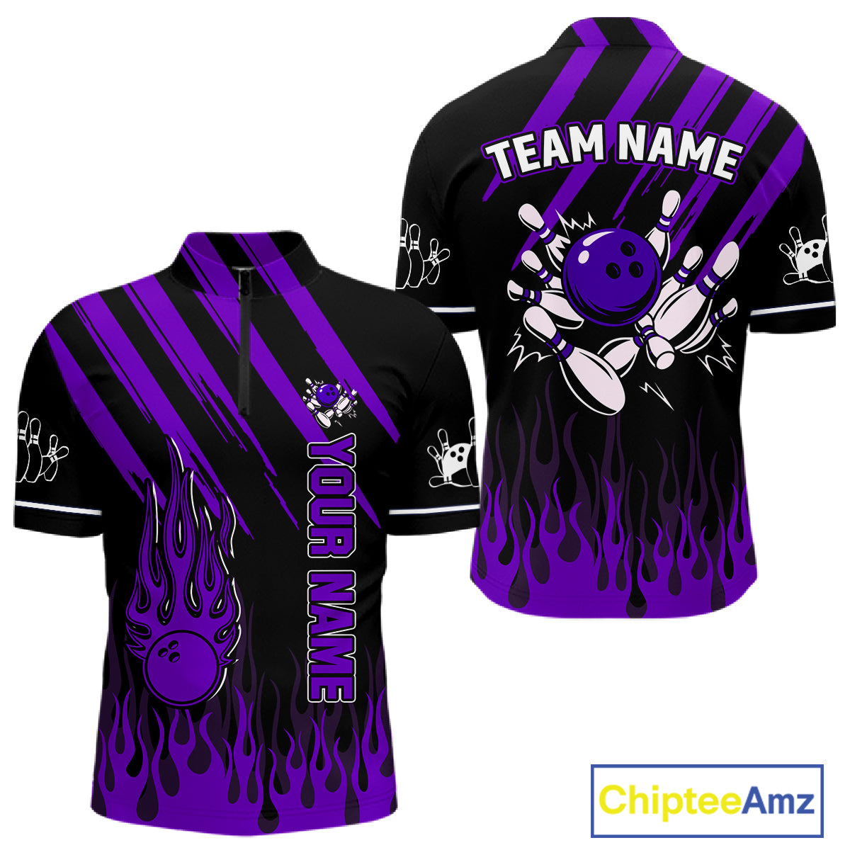 Black and Purple Flame Retro Bowling Polo, 1/4 Zip Shirt for Men Custom Vintage Team Bowling Jersey NQS11679