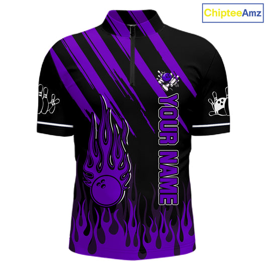 Black and Purple Flame Retro Bowling Polo, 1/4 Zip Shirt for Men Custom Vintage Team Bowling Jersey NQS11679