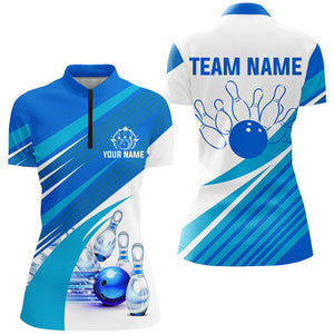 Blue and white Womens bowling shirt Custom bowling team league jerseys, gifts for ladies bowlers NQS7547