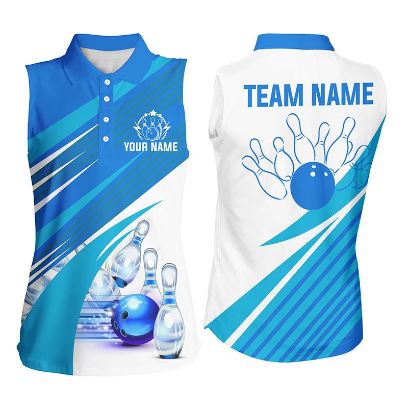 Blue and white Women Sleeveless Polo Shirt Custom bowling team league jerseys, gifts for ladies bowler NQS7547