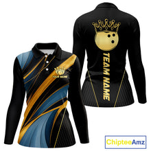 Load image into Gallery viewer, Blue &amp; Gold Bowling ball Polo, Quarter Zip Shirts for Women Custom Bowling Outfit Team bowlers jersey NQS10032
