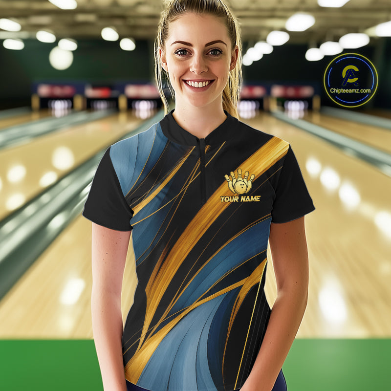 Blue & Gold Bowling ball Polo, Quarter Zip Shirts for Women Custom Bowling Outfit Team bowlers jersey NQS10032