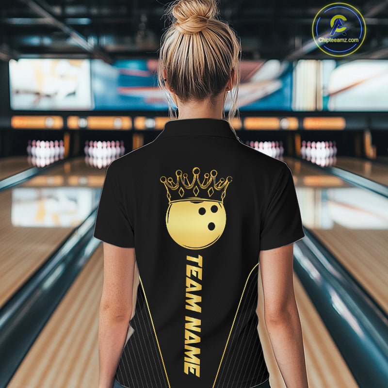 Blue & Gold Bowling ball Polo, Quarter Zip Shirts for Women Custom Bowling Outfit Team bowlers jersey NQS10032