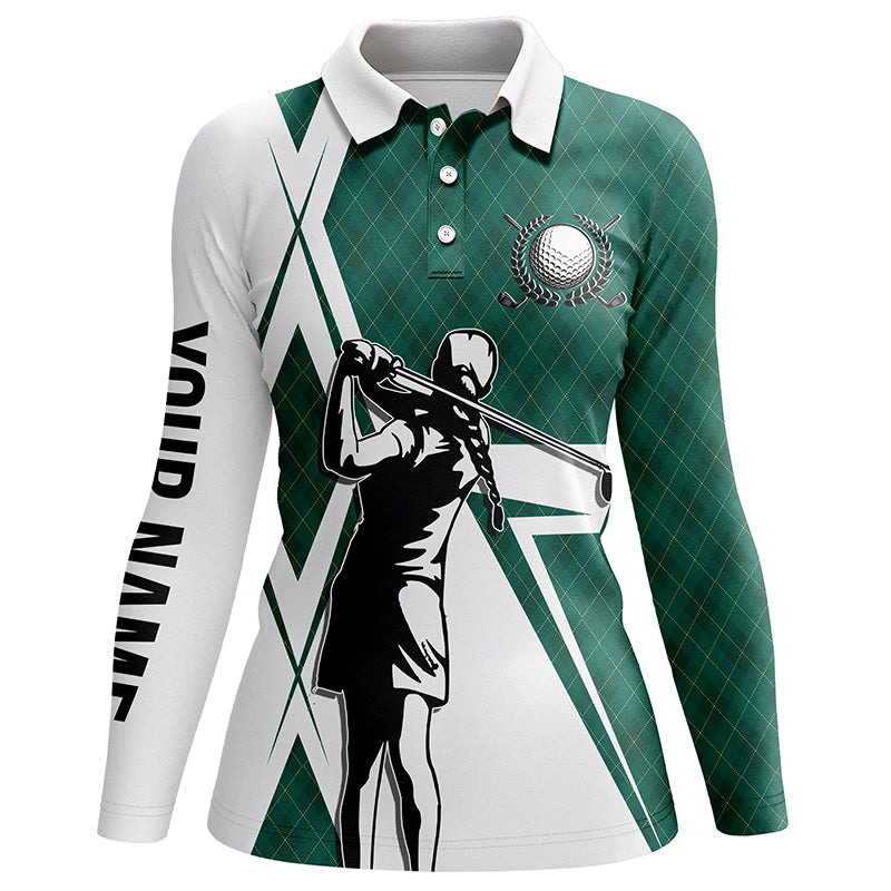 White Women golf polo shirt custom green argyle pattern golf shirts for ladies, golfing gifts NQS5839