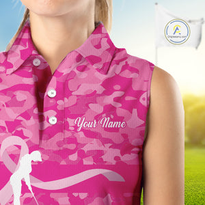 Breast Cancer Awareness golf shirts custom Women sleeveless golf polos, pink camo ribbon golf shirts NQS10191