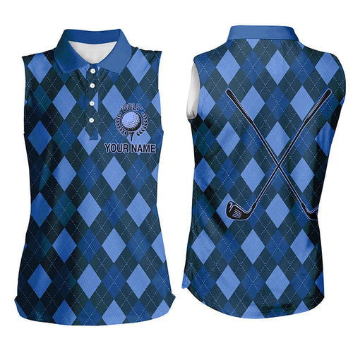 Blue argyle Women sleeveless polo shirt custom name golf outfit women, personalized golf gifts NQS8134