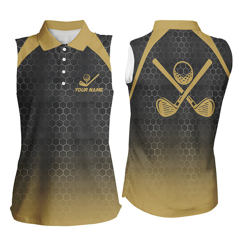 Women sleeveless polo shirt custom black and yellow hexagon pattern ladies golf outfit, cool golf gift NQS8138