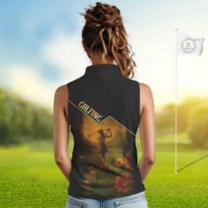 Black & Gold Golf sleeveless polo shirt for Women Custom Ladies golf tops, gift for golfers NQS10339