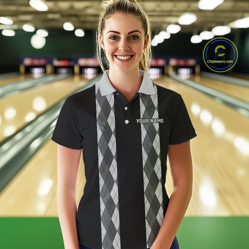 Retro Gray argyle pattern Black Bowling shirts For Women custom bowling team jerseys Bowler Outfits NQS10545