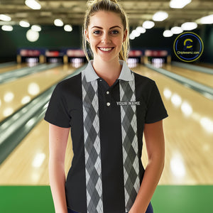 Retro Gray argyle pattern Black Bowling shirts For Women custom bowling team jerseys Bowler Outfits NQS10545