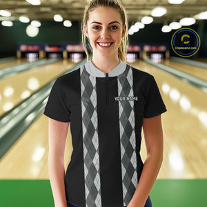 Retro Gray argyle pattern Black Bowling shirts For Women custom bowling team jerseys Bowler Outfits NQS10545