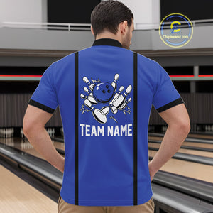 Retro Bowling Polo, Quarter Zip shirts For Men custom bowling team shirts Bowler Outfits | Blue NQS10546
