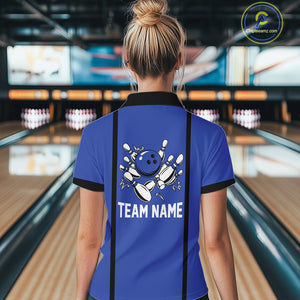 Retro Bowling Polo, Quarter Zip shirts For Women custom bowling team shirts Bowler Outfits | Blue NQS10546