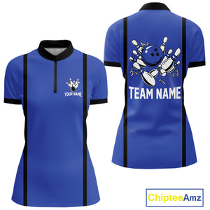 Retro Bowling Polo, Quarter Zip shirts For Women custom bowling team shirts Bowler Outfits | Blue NQS10546