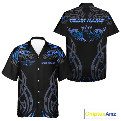 Personalized Black And Blue tribal pattern Bowling Hawaiian Shirt, angel wings Bowling Team jerseys NQS10758