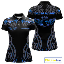 Load image into Gallery viewer, Personalized Black And Blue tribal pattern Bowling Shirts For Women, angel wings Bowling Team jerseys NQS10758