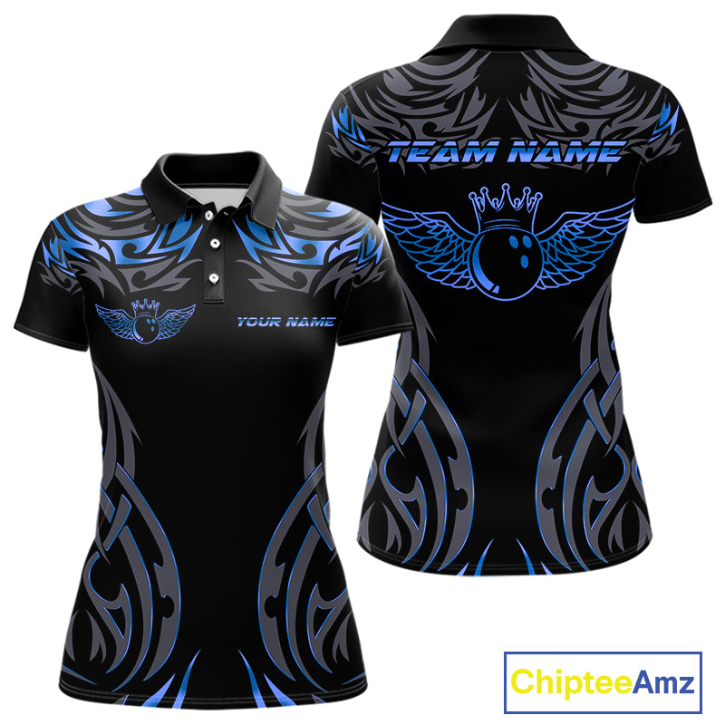 Personalized Black And Blue tribal pattern Bowling Shirts For Women, angel wings Bowling Team jerseys NQS10758