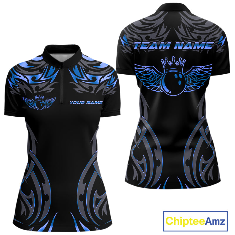 Personalized Black And Blue tribal pattern Bowling Shirts For Women, angel wings Bowling Team jerseys NQS10758