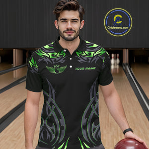 Personalized Black And Green tribal pattern Bowling Shirts For Men, angel wings Bowling Team jerseys NQS10759
