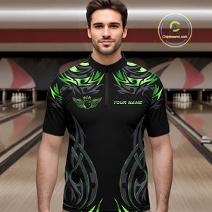 Personalized Black And Green tribal pattern Bowling Shirts For Men, angel wings Bowling Team jerseys NQS10759