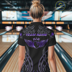 Personalized Black And Purple tribal pattern Bowling Shirt For Women, angel wings Bowling Team jersey NQS10760