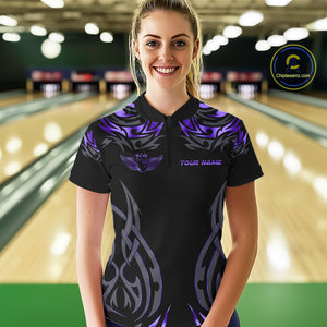 Personalized Black And Purple tribal pattern Bowling Shirt For Women, angel wings Bowling Team jersey NQS10760