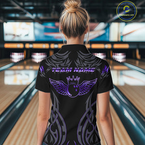 Personalized Black And Purple tribal pattern Bowling Shirt For Women, angel wings Bowling Team jersey NQS10760