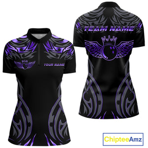 Personalized Black And Purple tribal pattern Bowling Shirt For Women, angel wings Bowling Team jersey NQS10760