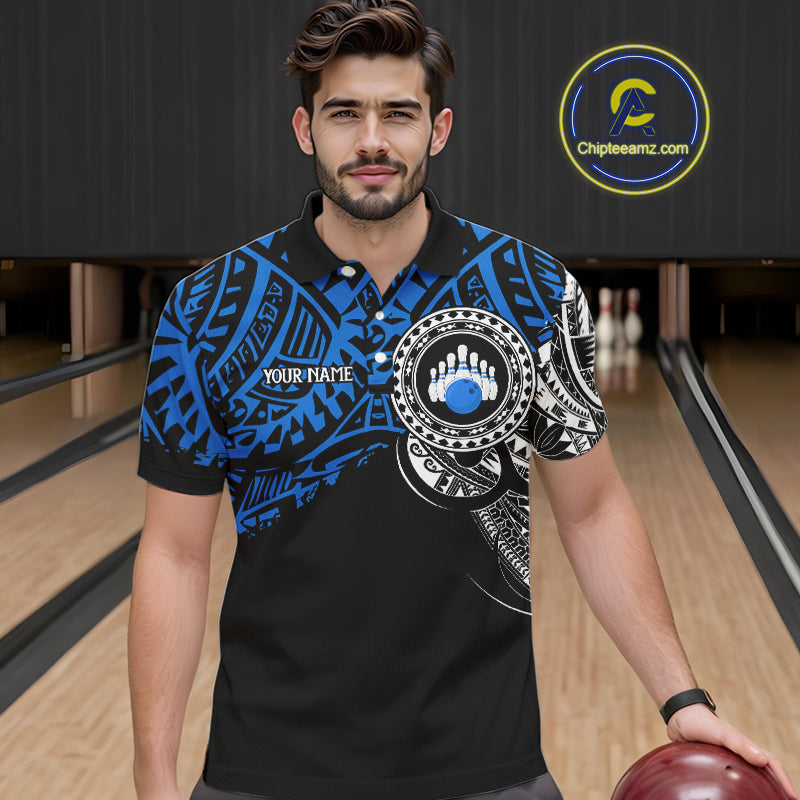 Personalized Black and Blue Tribal pattern Mens Bowling Shirts Custom Team Bowling outfit for men NQS10762
