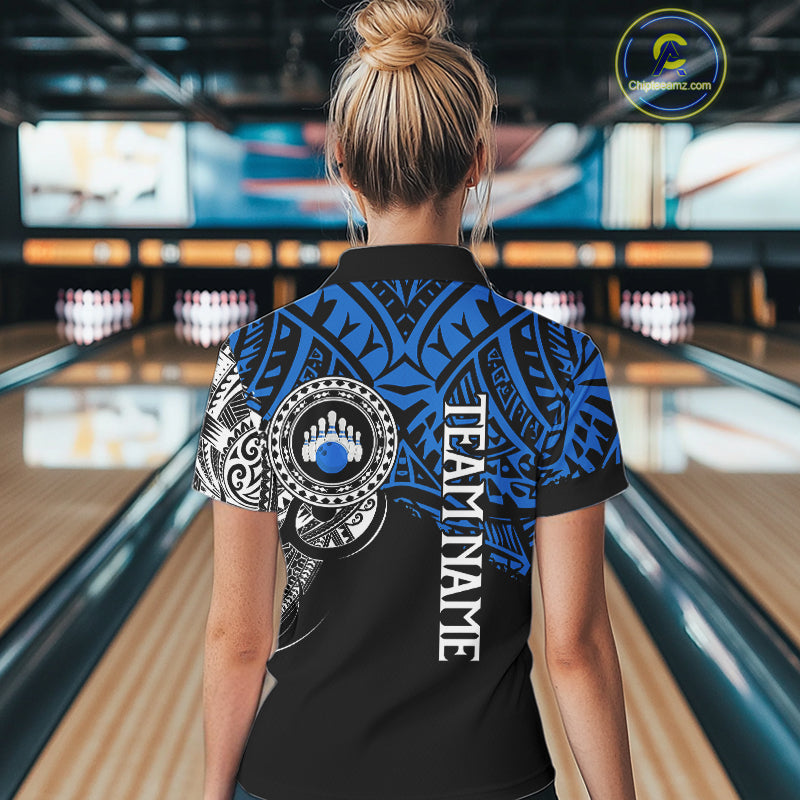 Personalized Black and Blue Tribal pattern Women Bowling Shirt Custom Team Bowling outfit for ladies NQS10762