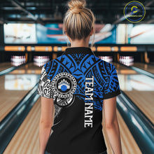 Load image into Gallery viewer, Personalized Black and Blue Tribal pattern Women Bowling Shirt Custom Team Bowling outfit for ladies NQS10762
