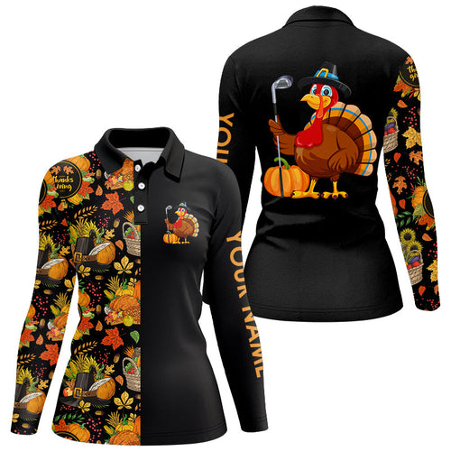 Thanksgiving pattern Black Women golf polo shirt Custom Turkey Bird golf tops for women Golf Gift NQS8817