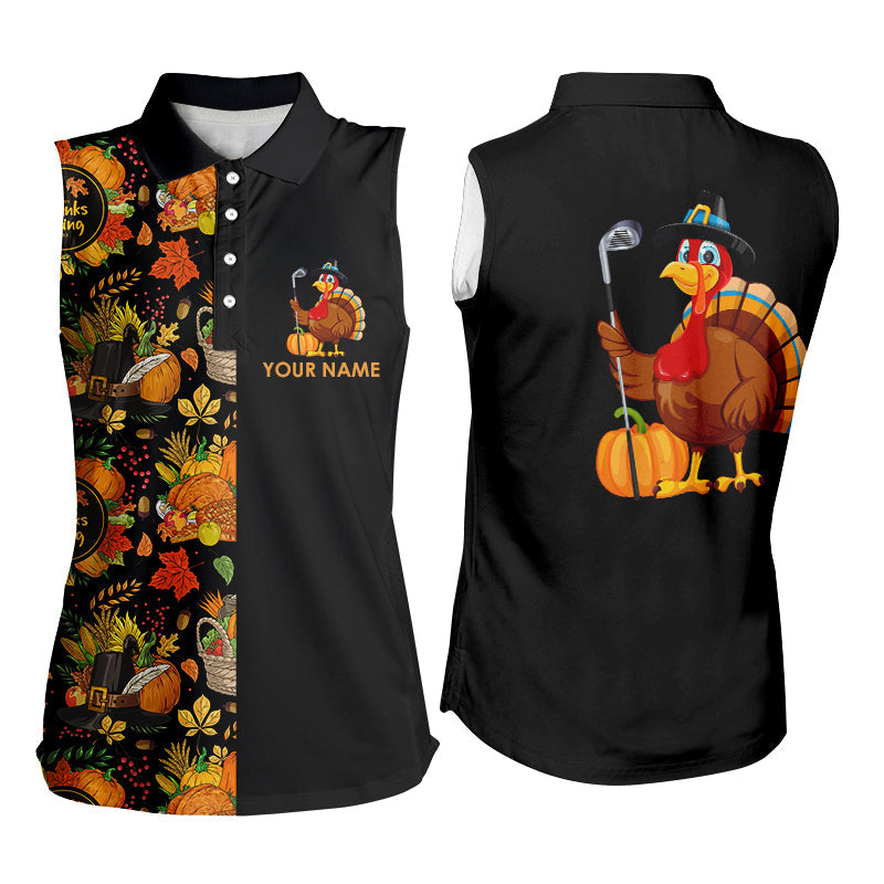 Thanksgiving pattern Black Women sleeveless polo shirt Custom Turkey Bird golf tops for women NQS8817