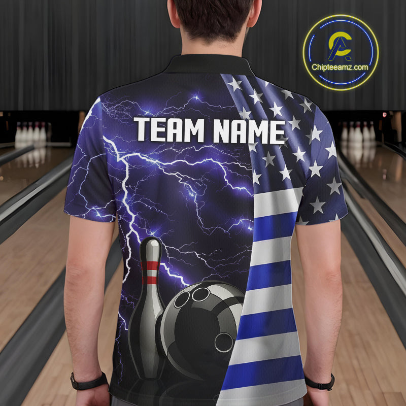 Blue Lightning Thunder American Flag Bowling Shirts For Men Custom patriotic team bowling jerseys NQS10960