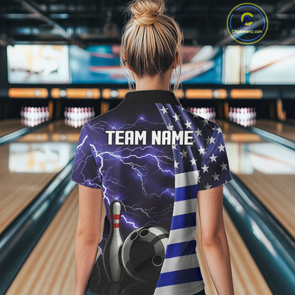 Blue Lightning Thunder American Flag Bowling Shirts For Women Custom patriotic team bowling jerseys NQS10960