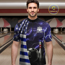 Load image into Gallery viewer, Blue Lightning Thunder American Flag Bowling Shirts For Men Custom patriotic team bowling jerseys NQS10960