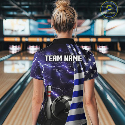 Blue Lightning Thunder American Flag Bowling Shirts For Women Custom patriotic team bowling jerseys NQS10960
