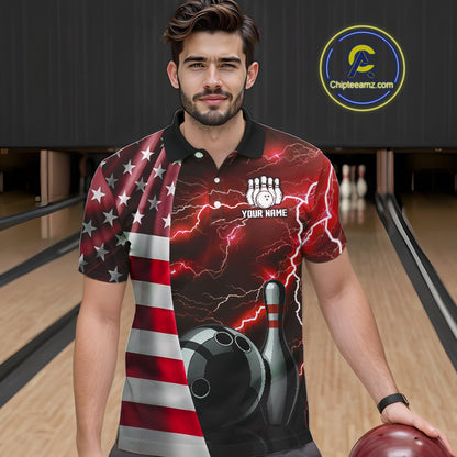 Red Lightning Thunder American Flag Bowling Shirts For Men Custom patriotic team bowling jerseys NQS10961
