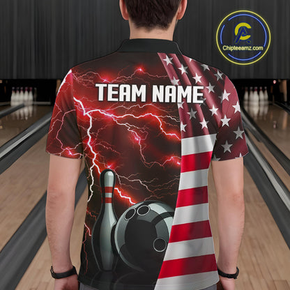 Red Lightning Thunder American Flag Bowling Shirts For Men Custom patriotic team bowling jerseys NQS10961
