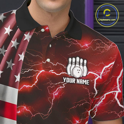 Red Lightning Thunder American Flag Bowling Shirts For Men Custom patriotic team bowling jerseys NQS10961