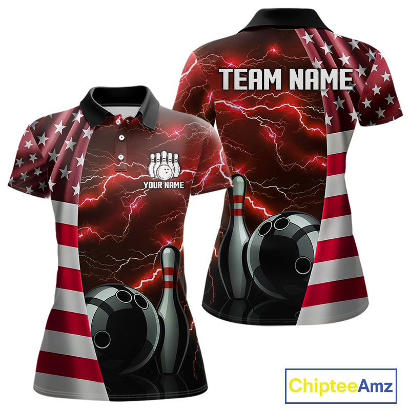 Red Lightning Thunder American Flag Bowling Shirts For Women Custom patriotic team bowling jerseys NQS10961