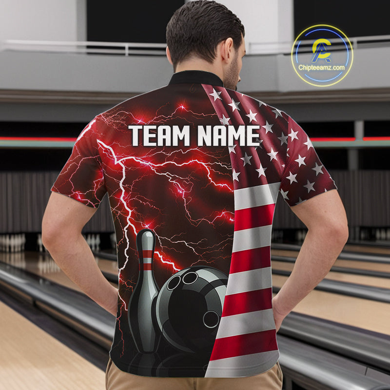 Red Lightning Thunder American Flag Bowling Shirts For Men Custom patriotic team bowling jerseys NQS10961