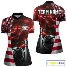 Load image into Gallery viewer, Red Lightning Thunder American Flag Bowling Shirts For Women Custom patriotic team bowling jerseys NQS10961