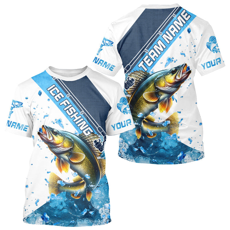 Personalized Blue Ice Walleye Ice Fishing Shirts Custom Walleye Long Sleeve Fishing Jersey for Team NQS9289