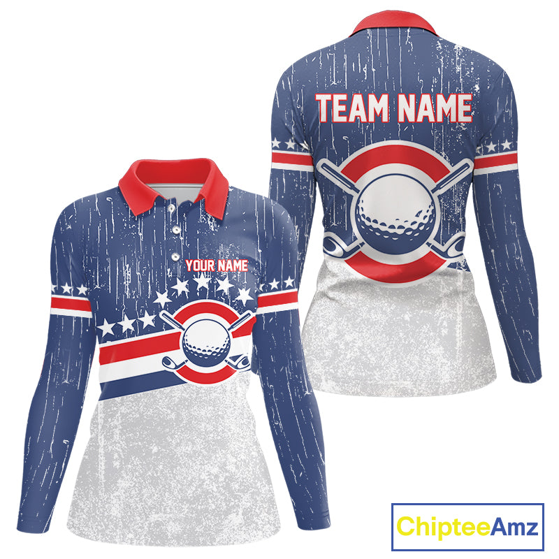 Red, White and Blue Grunge Women's Golf Polo Shirts Custom Patriotic Team Golf Outfit For Ladies NQS11344