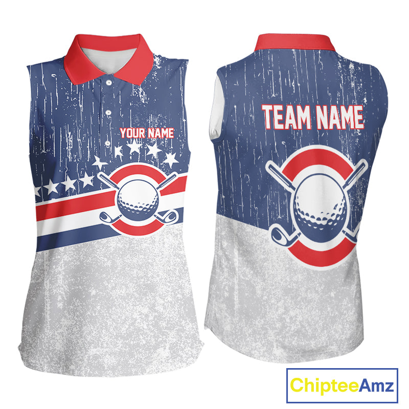 Red, White and Blue Grunge Women's Sleeveless polo shirt Custom Patriotic Team Golf Outfit For Ladies NQS11344