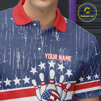 Red, White and Blue Grunge American Flag Bowling Shirts For Men Custom Patriotic Team Bowling jersey NQS11345