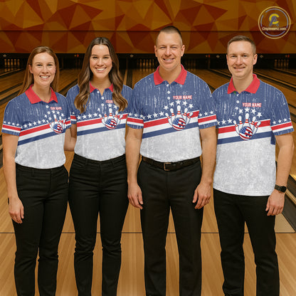 Red, White and Blue Grunge American Flag Bowling Shirts For Men Custom Patriotic Team Bowling jersey NQS11345