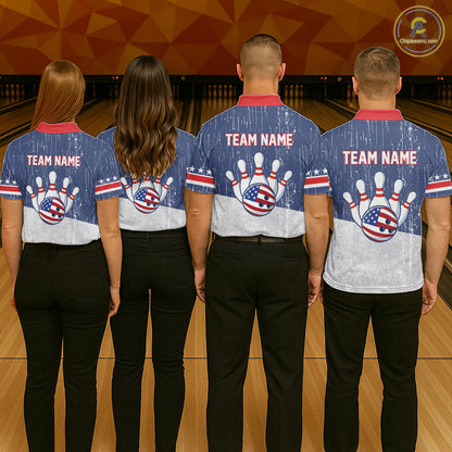 Red, White and Blue Grunge American Flag Bowling Shirts For Men Custom Patriotic Team Bowling jersey NQS11345